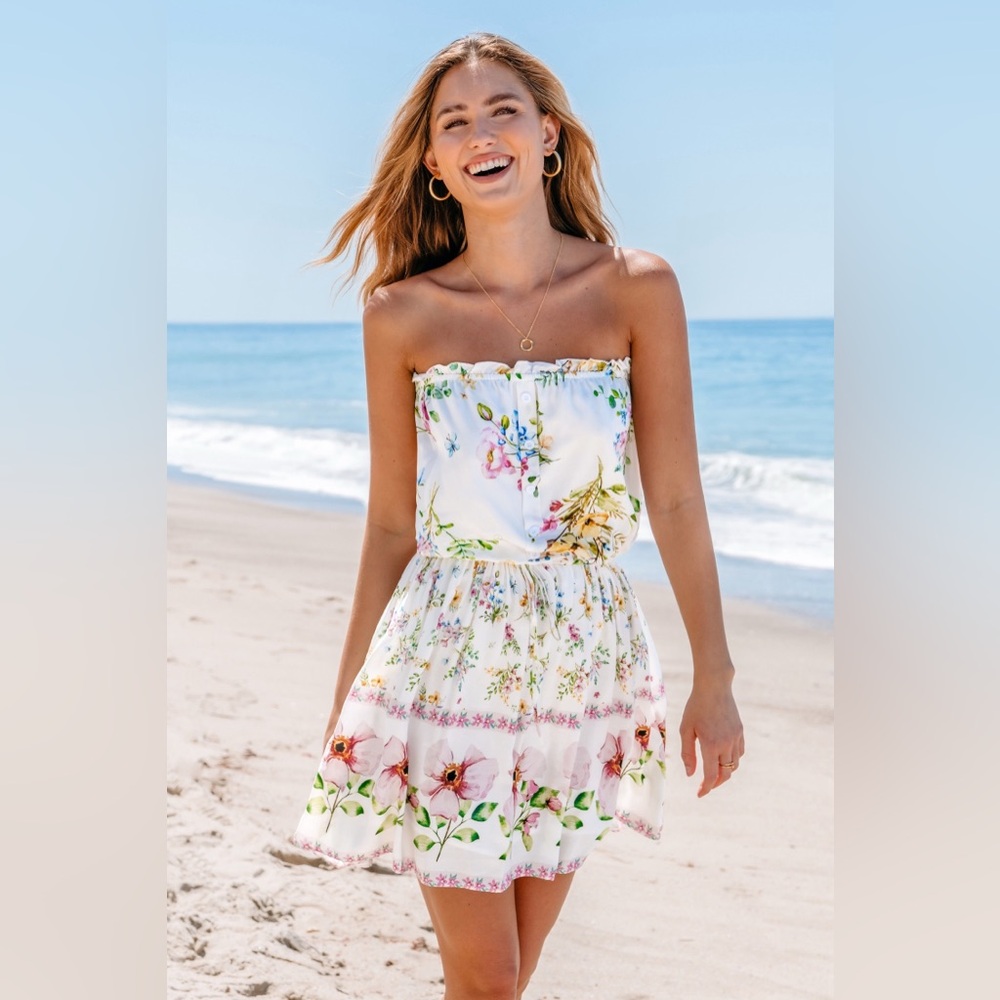Cupshe Floral Strapless Dress - White and Pink